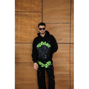 Erkek Kapüşonlu Eşofman Takım Örümcek Ağı Ve Neon Yeşil Baskılı Kanguru Cepli Oversize Rahat Kalıp, Premium Üç İplik Kumaş - Siyah