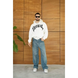 Erkek Kapüşonlu Sweatshirt Hoodie 3 İplik Şardonlu Pamuklu Kumaş, Önü Baskılı, Fermuarlı Rahat Kalıp, Kışlık Ve Sokak Stili Sweat - Beyaz