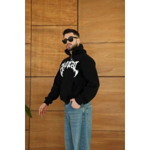 Erkek Kapüşonlu Sweatshirt  Hoodie 3 İplik Şardonlu Pamuklu Kumaş, Önü Baskılı, Fermuarlı Rahat Kalıp, Kışlık Ve Sokak Stili Sweat - Siyah