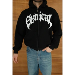 Erkek Kapüşonlu Sweatshirt  Hoodie 3 İplik Şardonlu Pamuklu Kumaş, Önü Baskılı, Fermuarlı Rahat Kalıp, Kışlık Ve Sokak Stili Sweat - Siyah