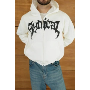 Erkek Kapüşonlu Sweatshirt Hoodie 3 İplik Şardonlu Pamuklu Kumaş, Önü Baskılı, Fermuarlı Rahat Kalıp, Kışlık Ve Sokak Stili Sweat - Beyaz