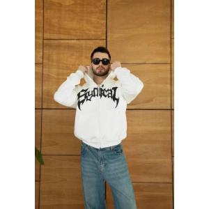 Erkek Kapüşonlu Sweatshirt Hoodie 3 İplik Şardonlu Pamuklu Kumaş, Önü Baskılı, Fermuarlı Rahat Kalıp, Kışlık Ve Sokak Stili Sweat - Beyaz
