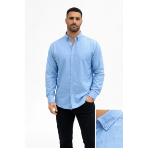 Erkek KETEN Kumaş Oversize Uzun Kollu Rahat Kalıp Gömlek - Açık Mavi