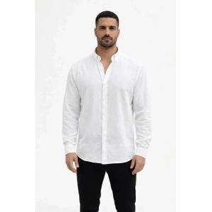 Erkek KETEN Kumaş Oversize Uzun Kollu Rahat Kalıp Gömlek - Beyaz