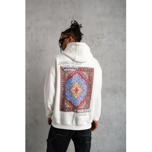 Erkek Kilim Desen Kapüşonlu Sweat- Beyaz