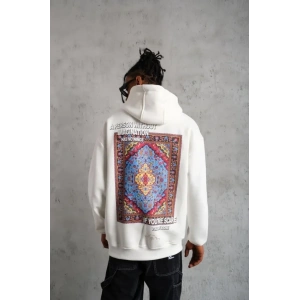 Erkek Kilim Desen Kapüşonlu Sweat- Beyaz