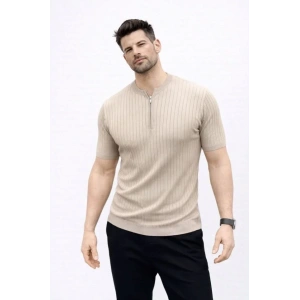Erkek Kısa Kol Fitilli Triko T-Shirt Yazlık Hakim Yaka Tişört - Bej