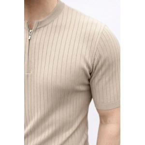 Erkek Kısa Kol Fitilli Triko T-Shirt Yazlık Hakim Yaka Tişört - Bej
