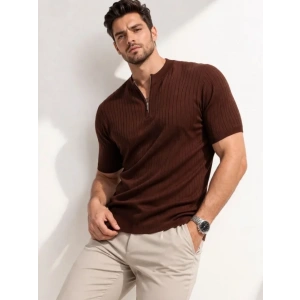 Erkek Kısa Kol Fitilli Triko T-Shirt Yazlık Hakim Yaka Tişört - Kahverengi