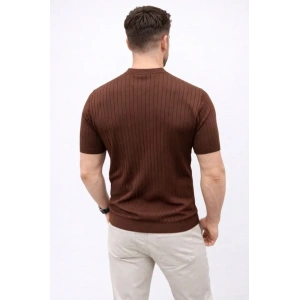 Erkek Kısa Kol Fitilli Triko T-Shirt Yazlık Hakim Yaka Tişört - Kahverengi