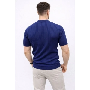 Erkek Kısa Kol Fitilli Triko T-Shirt Yazlık Hakim Yaka Tişört - Lacivert