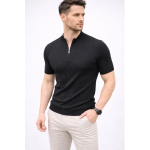 Erkek Kısa Kol Fitilli Triko T-Shirt Yazlık Hakim Yaka Tişört - Siyah