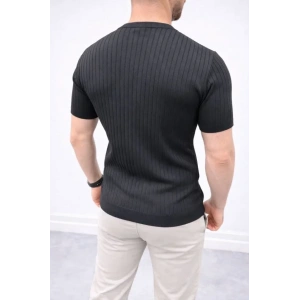 Erkek Kısa Kol Fitilli Triko T-Shirt Yazlık Hakim Yaka Tişört - Siyah