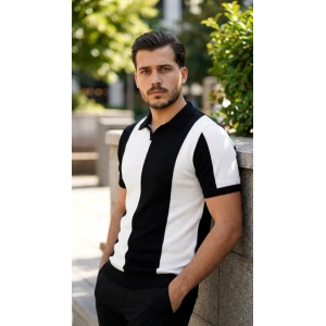 Erkek Kısa Kollu Polo Yakalı Blok Desenli Triko Bluz
