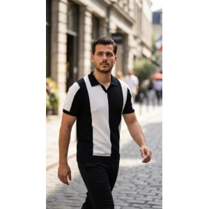 Erkek Kısa Kollu Polo Yakalı Blok Desenli Triko Bluz