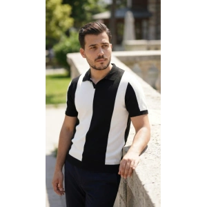 Erkek Kısa Kollu Polo Yakalı Blok Desenli Triko Bluz