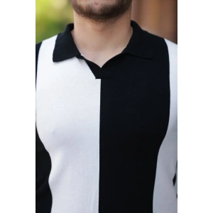 Erkek Kısa Kollu Polo Yakalı Blok Desenli Triko Bluz