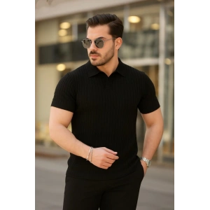 Erkek Kısa Kollu Yakalı çizgi Desenli Triko Bluz