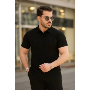 Erkek Kısa Kollu Yakalı çizgi Desenli Triko Bluz