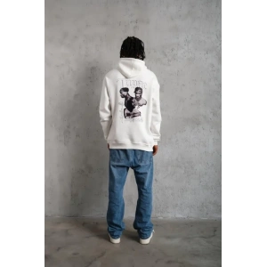 Erkek Kol Ve Etek Ribana Baskılı Kapüşonlu Sweat - Beyaz