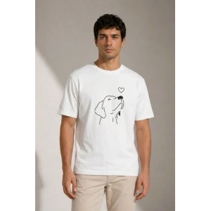 Erkek Köpek Figürlü Minimal Baskılı Tişört Kısa Kol Yazlık T-Shirt - Beyaz
