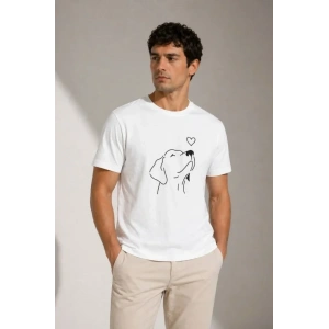 Erkek Köpek Figürlü Minimal Baskılı Tişört Kısa Kol Yazlık T-Shirt - Beyaz