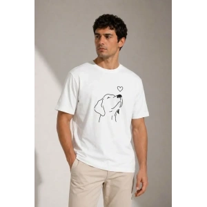 Erkek Köpek Figürlü Minimal Baskılı Tişört Kısa Kol Yazlık T-Shirt - Beyaz
