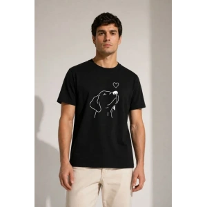 Erkek Köpek Figürlü Minimal Baskılı Tişört Kısa Kol Yazlık T-Shirt - Siyah