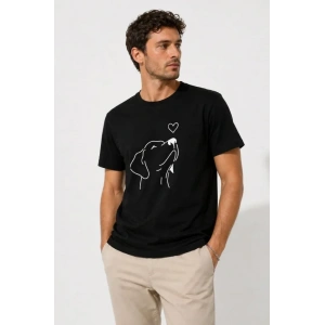 Erkek Köpek Figürlü Minimal Baskılı Tişört Kısa Kol Yazlık T-Shirt - Siyah