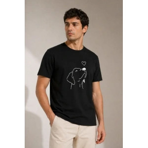 Erkek Köpek Figürlü Minimal Baskılı Tişört Kısa Kol Yazlık T-Shirt - Siyah