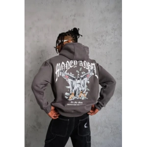 Erkek Kordon İpli Baskılı Kapüşonlu Sweatshirt - Füme