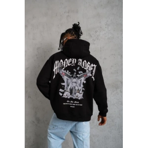 Erkek Kordon İpli Baskılı Kapüşonlu Sweatshirt - Siyah