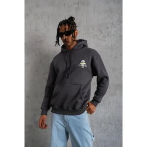 Erkek Kordonlu Maske Baskılı Kapşonlu Sweat - Gri