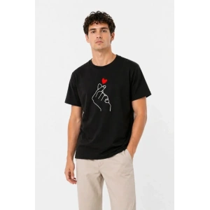 Erkek Kore Parmak Kalp Aşk Temalı Minimal Baskılı Tişört Yazlık Kısa Kol T-Shirt - Siyah