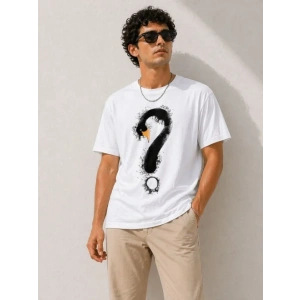 Erkek Kuğu Figürlü Soru İşareti Baskılı Tişört Kısa Kol T-Shirt - Beyaz