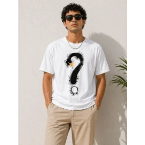 Erkek Kuğu Figürlü Soru İşareti Baskılı Tişört Kısa Kol T-Shirt - Beyaz