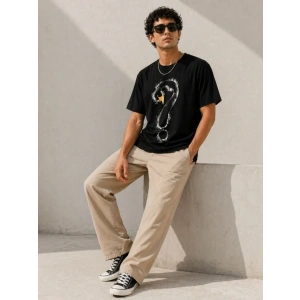 Erkek Kuğu Figürlü Soru İşareti Baskılı Tişört Kısa Kol T-Shirt - Siyah