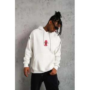 Erkek Maske Baskılı Kapüşonlu Sweat - Beyaz