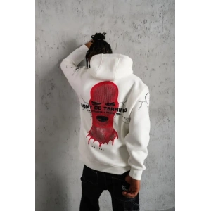 Erkek Maske Baskılı Kapüşonlu Sweat - Beyaz