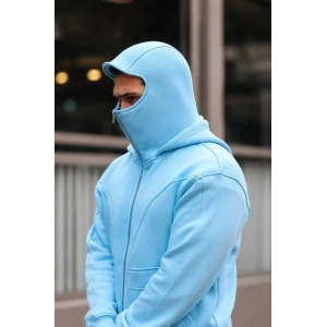 Erkek Maskeli Ninja Model Çift Kapüşonlu 3 İplik Şardonlu Fermuarlı Sweatshirt - Bebek Mavisi