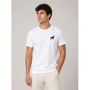 Erkek Minimal Geyik Logolu Tişört Bisiklet Yaka Kısa Kol Yazlık T-Shirt - Beyaz