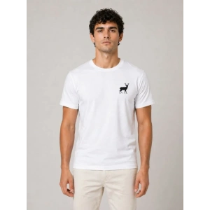 Erkek Minimal Geyik Logolu Tişört Bisiklet Yaka Kısa Kol Yazlık T-Shirt - Beyaz