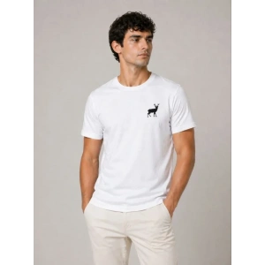 Erkek Minimal Geyik Logolu Tişört Bisiklet Yaka Kısa Kol Yazlık T-Shirt - Beyaz