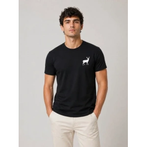 Erkek Minimal Geyik Logolu Tişört Bisiklet Yaka Kısa Kol Yazlık T-Shirt - Siyah