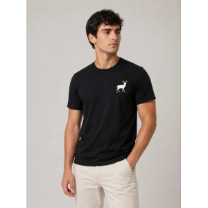 Erkek Minimal Geyik Logolu Tişört Bisiklet Yaka Kısa Kol Yazlık T-Shirt - Siyah