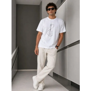Erkek Minimal Gitar Baskılı Tişört T-Shirt Yazlık Kısa Kol Bisiklet Yaka T-Shirt - Beyaz