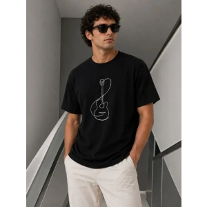 Erkek Minimal Gitar Baskılı Tişört T-Shirt Yazlık Kısa Kol Bisiklet Yaka T-Shirt - Siyah