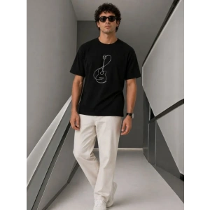 Erkek Minimal Gitar Baskılı Tişört T-Shirt Yazlık Kısa Kol Bisiklet Yaka T-Shirt - Siyah
