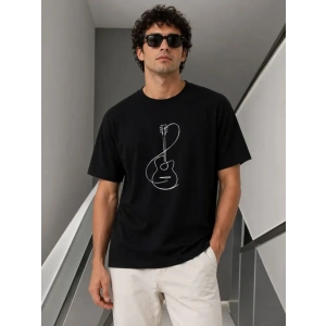 Erkek Minimal Gitar Baskılı Tişört T-Shirt Yazlık Kısa Kol Bisiklet Yaka T-Shirt - Siyah