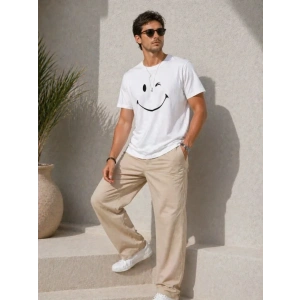 Erkek Minimal Gülümseyen Yüz Baskılı Tişört Kısa Kol Yazlık T-Shirt - Beyaz